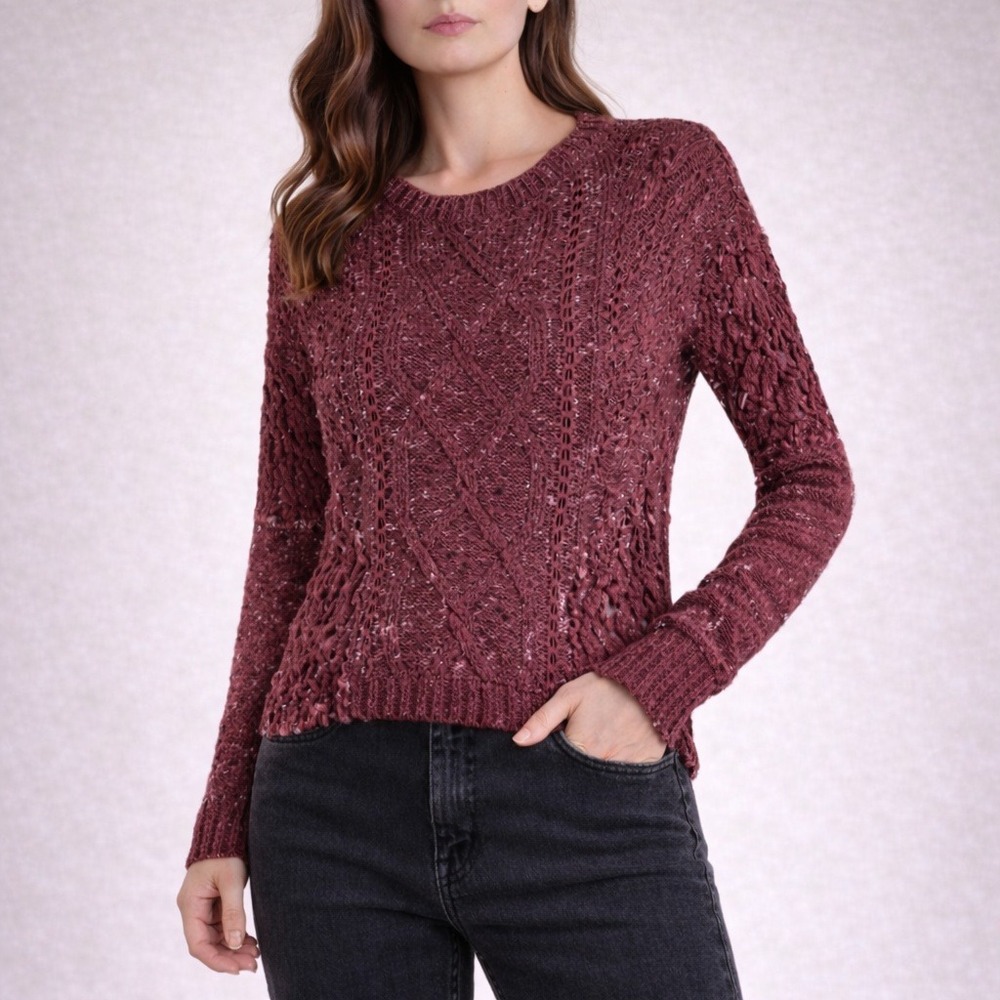 Hollister Women's Burgundy Fitted Knit Sweater Lace Inset Long Sleeve Size XS